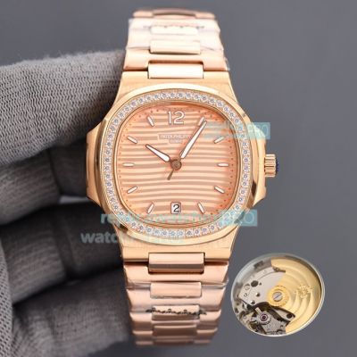 High Quality Replica Patek Philippe Nautilus Watch Rose Gold Face Rose Gold Band Diamonds Bezel 40mm